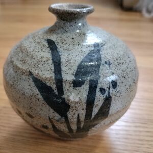 Studio Art Ceramic Vase with Black Floral Design